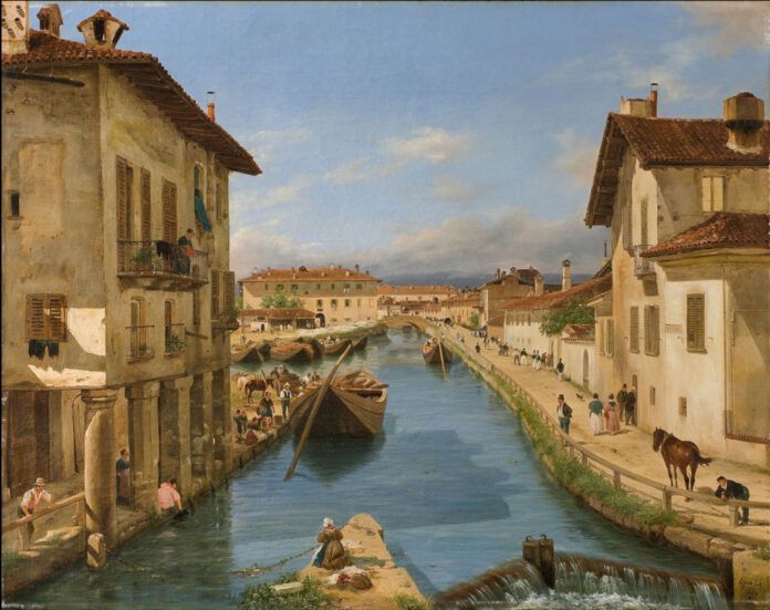 Canella Giuseppe Veduta del canale Naviglio preso sul ponte di San Marco in Milano, olio su tela 65 x 82 cm